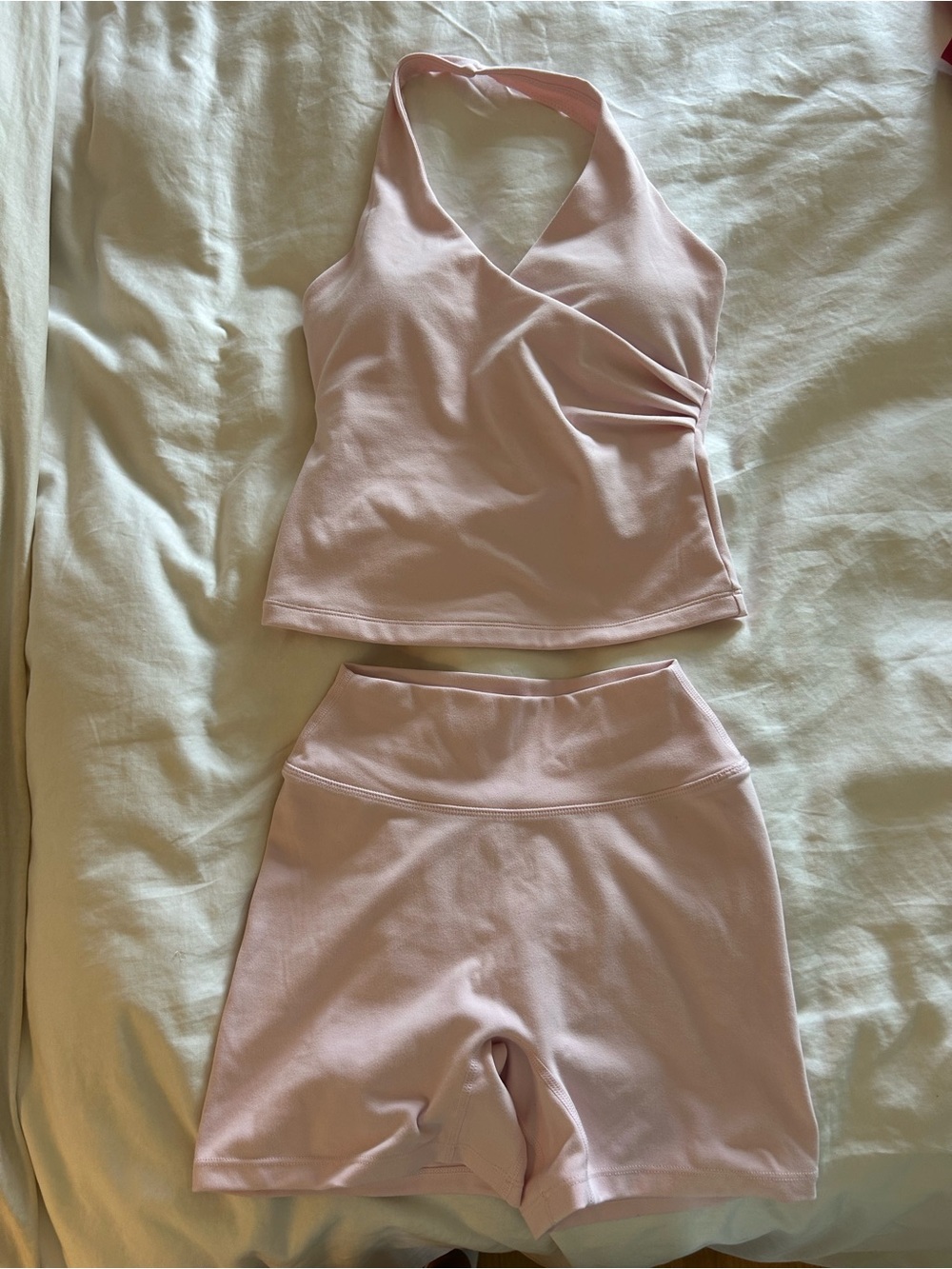 Women’s Light Pink Halter Wrap-Front Cami and Shorts Set